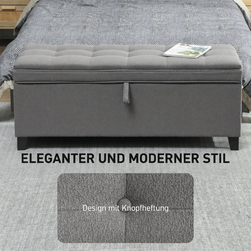 HOMCOM Sitzbank mit Stauraum, Polsterbank 120x40x48 cm mit Sicherheits-Scharniern, Leinenoptik, Dunkelgrau