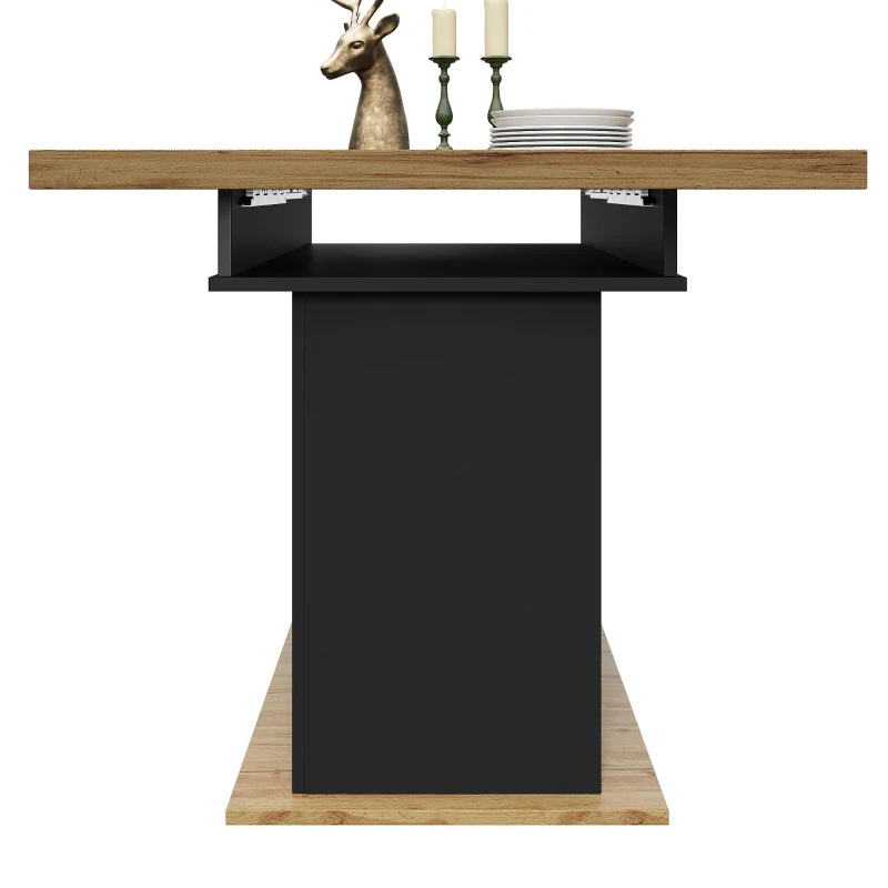 Telescopic Dining Table with Double-Sided Extension System, Modern Extension Table with Height-Adjustable Shelves, 140L x 80W x 75H cm, Black+Natural