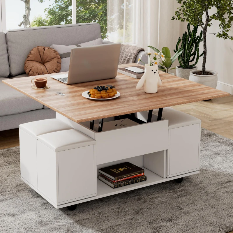 Lift-Top Coffee Table with Hydraulic Lift, Stylish Side Table with 2 Open Shelves, 100L x 50W x 48H cm, Natural+White