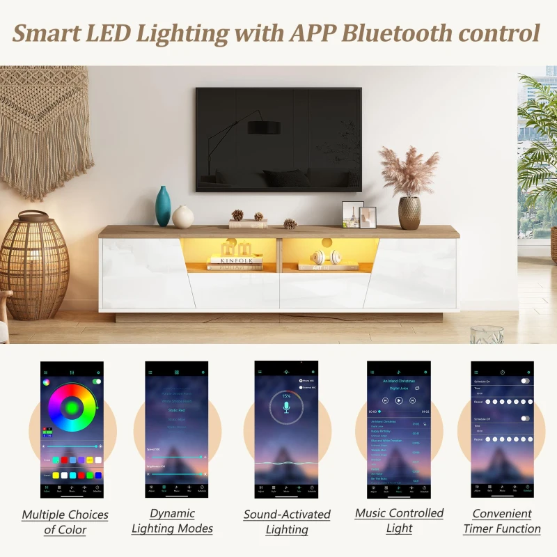 LED TV Stand with App-Controlled Ambient Lighting, Low-Profile TV Cabinet with Cable Management, 180L x 40W x 46H cm, White+Oak