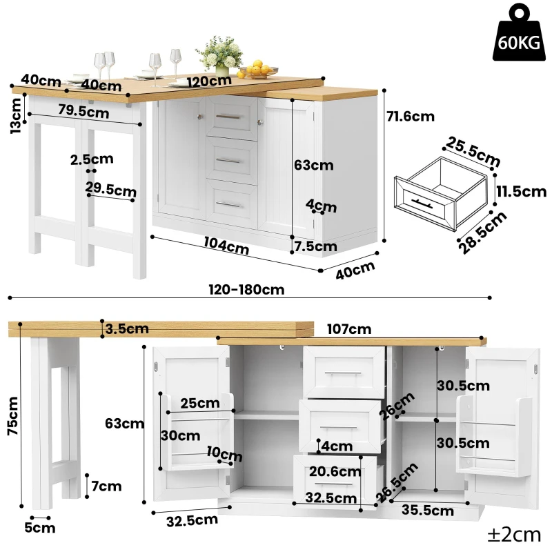 Extendable Sideboard and Dining Table Combo with Storage, Space-Saving Kitchen Island for Small Flats, 180L x 80W x 75H cm, White