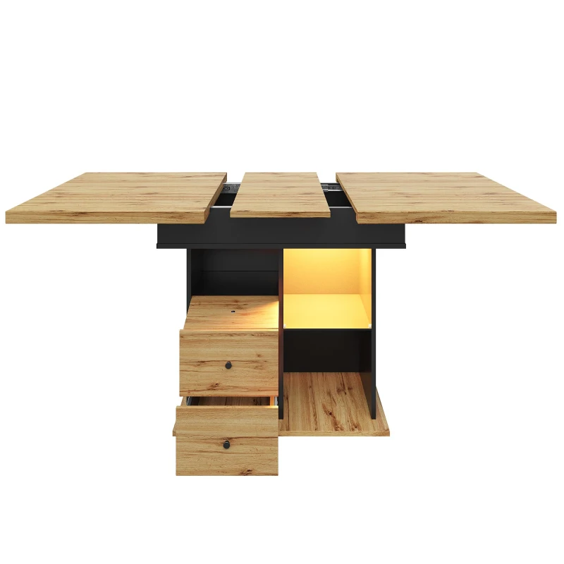 Telescopic Dining Table with App-Controlled LED Lighting, Modern Extension Table with Built-In Storage, 140L x 80W x 75H cm, Black+Natural