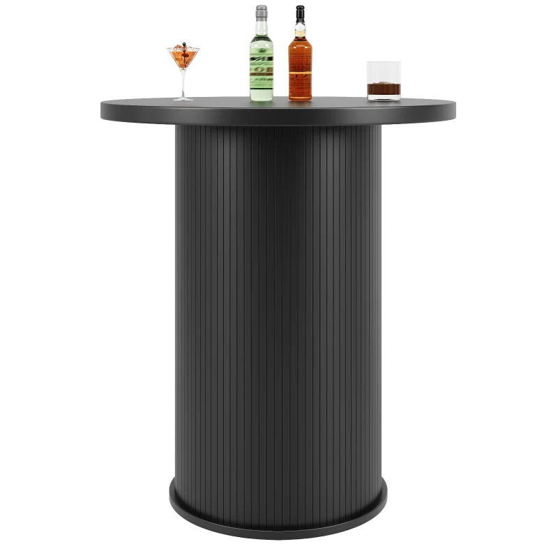 Round Bar Table with Metal Handles and Vertical-Slat Reinforced Body, Integrated Cabinet with Sliding Door, 60L x 60W x 91.5H cm, Black