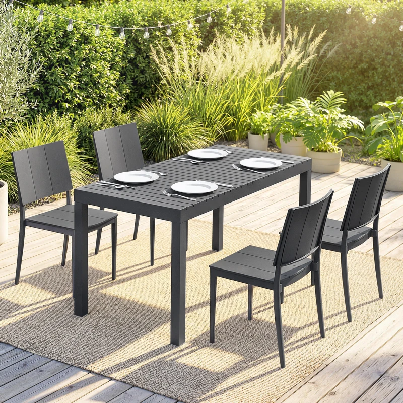Outsunny Gartenmöbel Set Sitzgruppe 5-teilig Breiter Tisch mit 4 Stapelstühlen Lamelldesign für 4 Personen Dunkelgrau