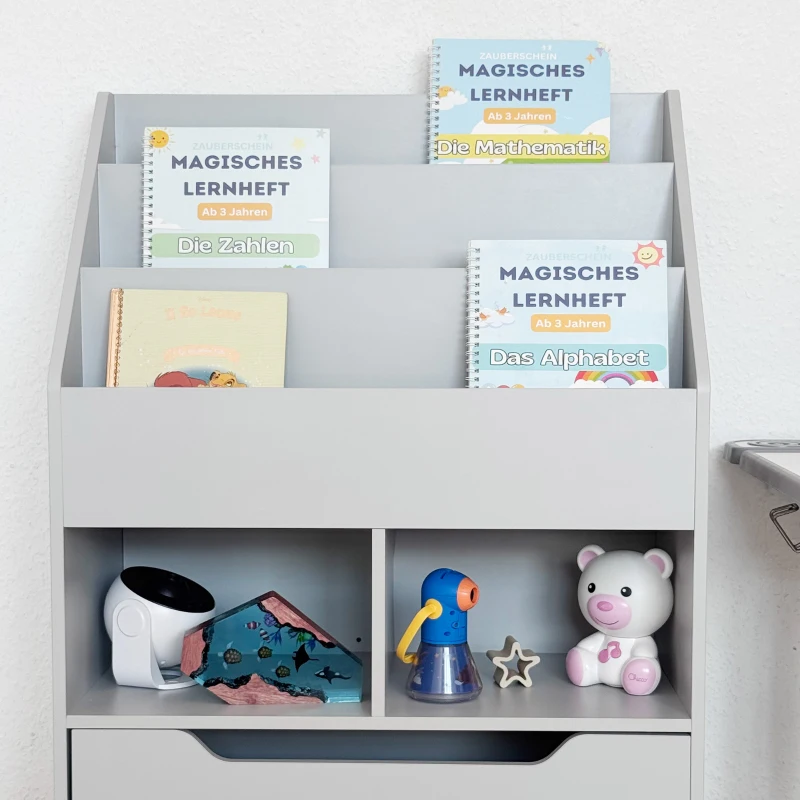 HOMCOM Kinderregal mit Schublade, Bücherregal mit Fächern, 60 x 29,9 x 90 cm, Grau