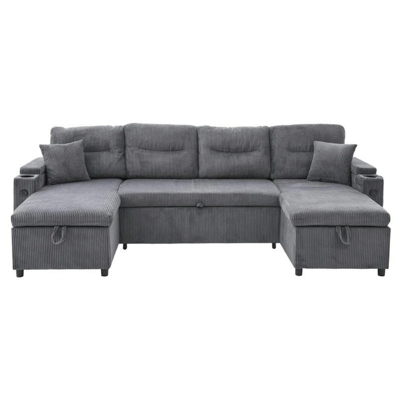 Contemporary 4-Seater Sofa with 2 Chaise Longues, Ribbed Corduroy Couch with Built-In Cup Holders, 272L x 136W x 86H cm, Charcoal grey