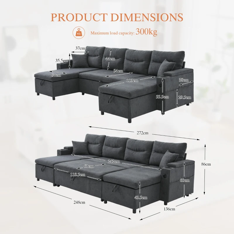 Contemporary 4-Seater Sofa with 2 Chaise Longues, Ribbed Corduroy Couch with Built-In Cup Holders, 272L x 136W x 86H cm, Charcoal grey