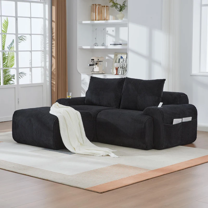Modular 2-Seater Sofa with Foam-Filled Plush Seats, Black Corduroy Couch with Built-In Cup Holder, 200L x 174W x 80H cm, Black