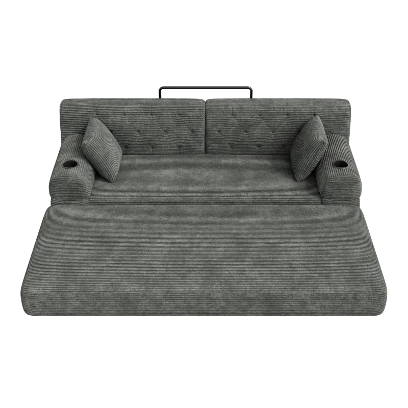 3-Seater Sleeper Sofa with Corduroy High-Back and High-Density Foam, Space-Saving Sofa Bed with 4 Side Pockets, 208L x 80W x 81H cm, Dark Gray