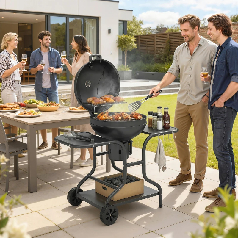 Outsunny Holzkohlegrill BBQ Smoker mit Seitentischen Deckel Thermometer Räder 129 x 63,5 x 106,5 cm