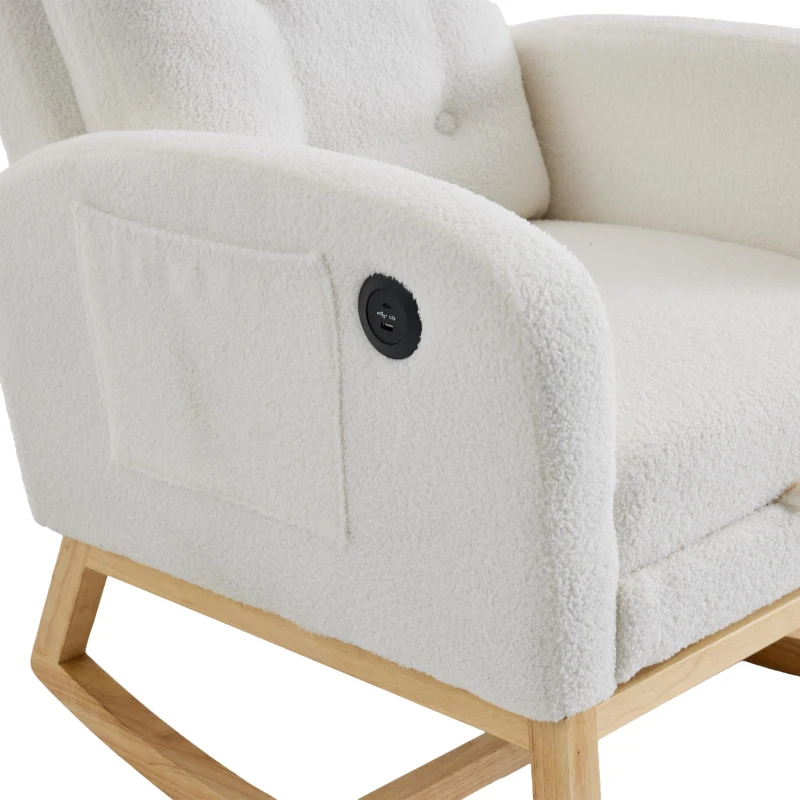 ModernLuxe Rocking Chair with Boucle Fabric Upholstery, Nursing Armchair with Side Pocket, 66.5L x 121.5W x 102H cm, White