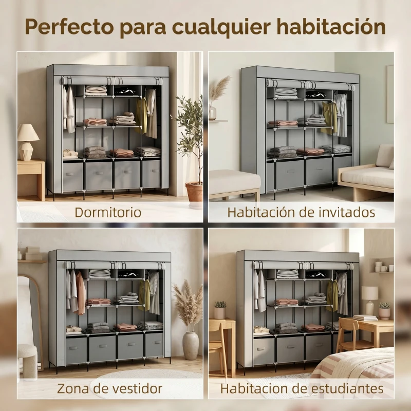 HOMCOM Armario Ropero de Tela Armario Portátil con 10 Compartimentos 2 Rieles Colgantes y 4 Cajones 166x42,5x169,5 cm Gris