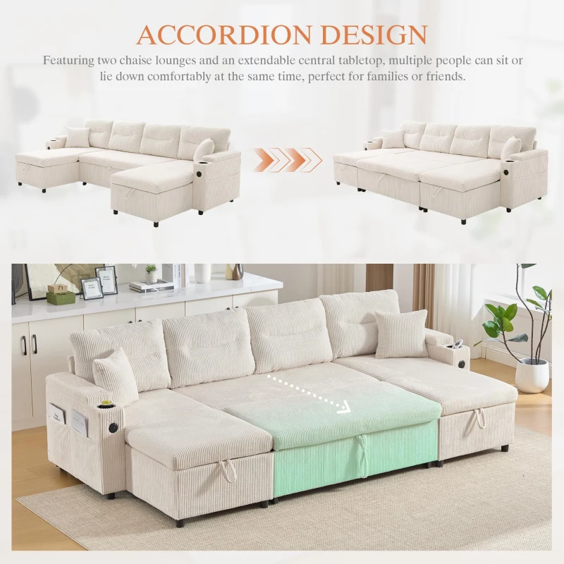 Contemporary 4-Seater Sofa with 2 Chaise Longues, Ribbed Corduroy Couch with Built-In Cup Holders, 272L x 136W x 86H cm, Beige