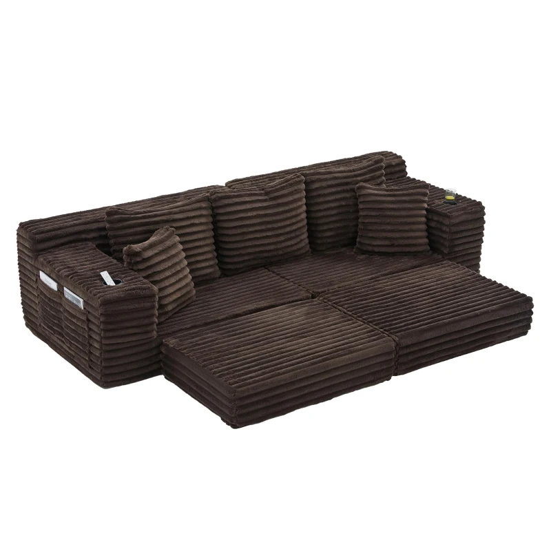 Convertible Sofa Bed with High Backrest and Extra Pillow, Ribbed Corduroy Couch with Dual Side Pockets, 107.5L x 38.5W x 34H cm, Coffee