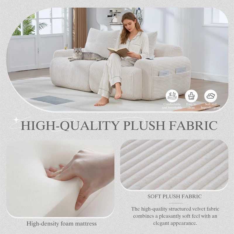 Modular 2-Seater Sofa with Built-In Cup Holder and Side Storage Pocket, Ribbed Corduroy Couch with High-Density Foam, 200L x 99W x 80H cm, Beige