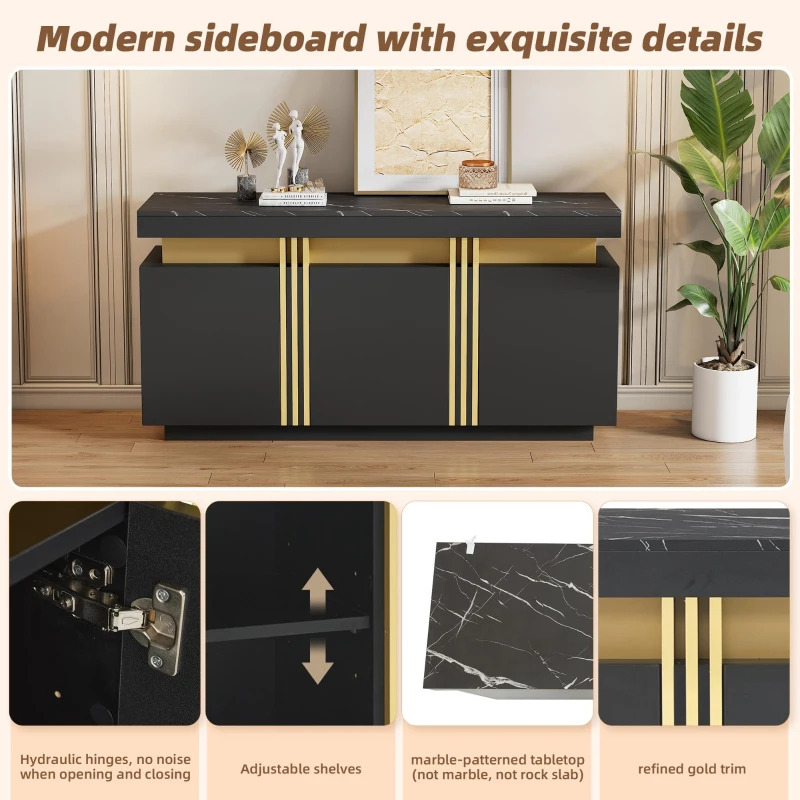 Modern Sideboard with Faux Marble Top and Anti-Tip Fixings, Luxury Storage Unit with Adjustable Shelves, 140L x 38W x 70H cm, Black