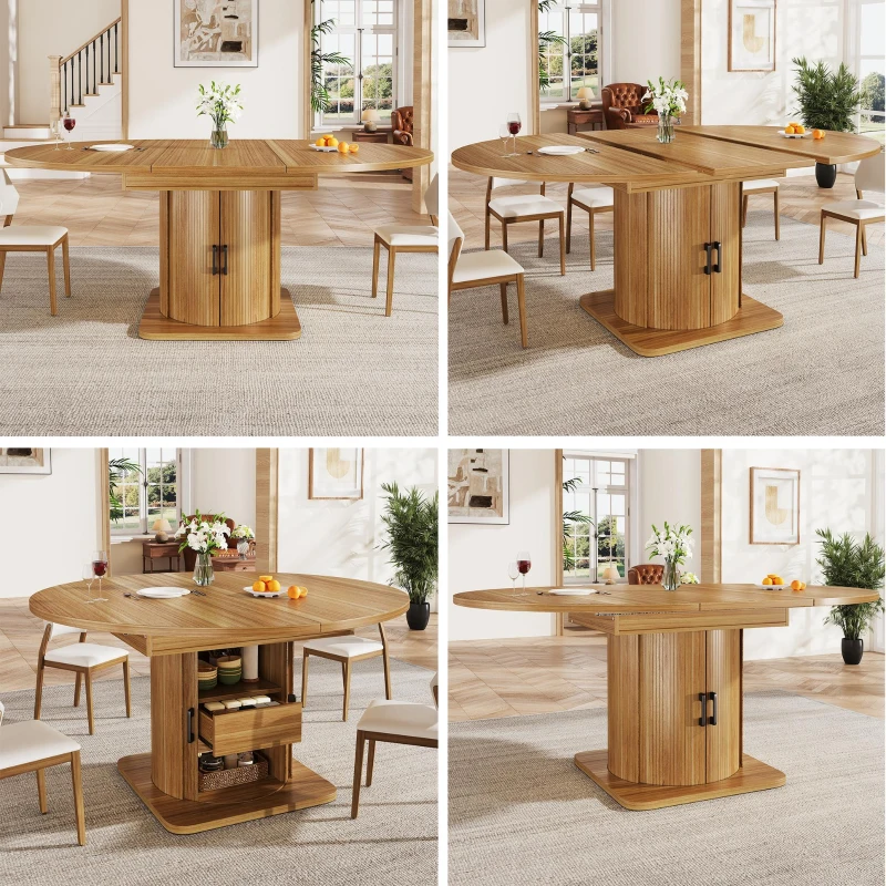 Extendable Dining Table with Space-Saving Round-to-Oval Design, Elegant Convertible Table with Smooth Metal Handle, 118L x 118W x 76H cm, Brown