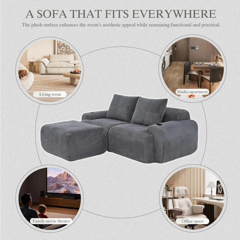 Modular 2-Seater Sofa with Foam-Filled Plush Seats, Dark Grey Corduroy Couch with Built-In Cup Holder, 200L x 174W x 80H cm, Dark Gray