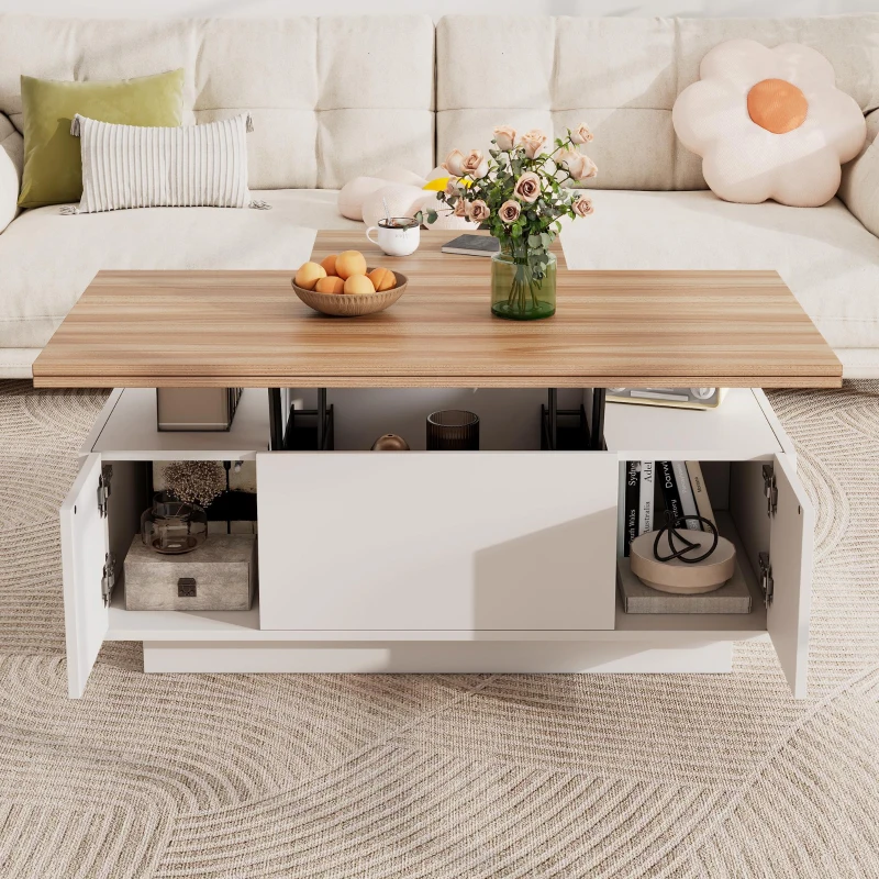 Lift-up Coffee Table with Hidden Storage and Dual Liftable Tops, Space-saving Centre Table for Dining, 100L x 50W x 55.5H cm, White+Natural