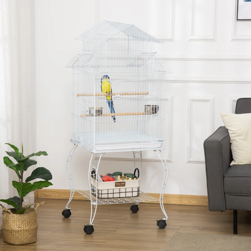 PawHut Jaula para Pájaros con Ruedas Jaula Grande con Soporte y Estante para Cacatúa ninfa Cotorra del Sol 50x49x137 cm Blanco