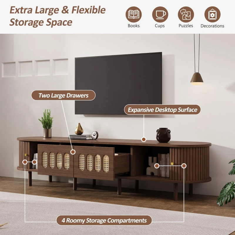 Modern TV Stand with 2 Rattan-Effect Drawers, Durable Media Unit with Large Storage, 180L x 40W x 40H cm, Walnut