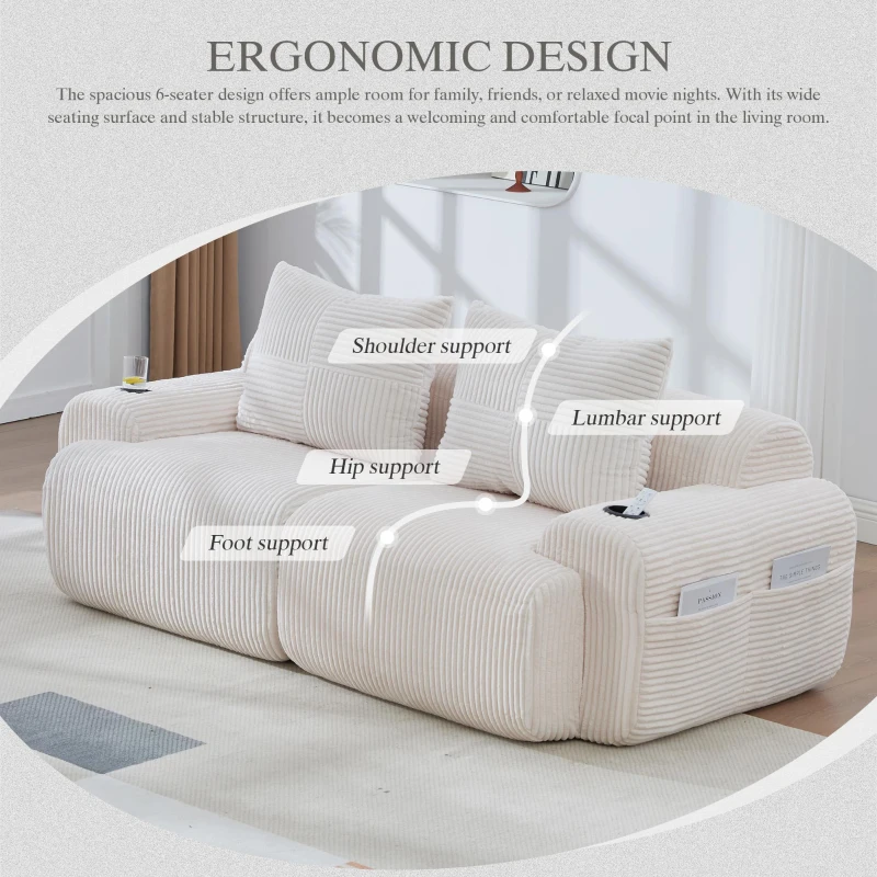 Modular 2-Seater Sofa with Built-In Cup Holder and Side Storage Pocket, Ribbed Corduroy Couch with High-Density Foam, 200L x 99W x 80H cm, Beige