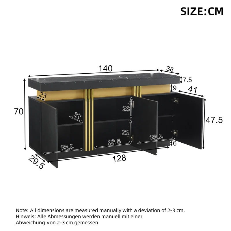 Modern Sideboard with Faux Marble Top and Anti-Tip Fixings, Luxury Storage Unit with Adjustable Shelves, 140L x 38W x 70H cm, Black