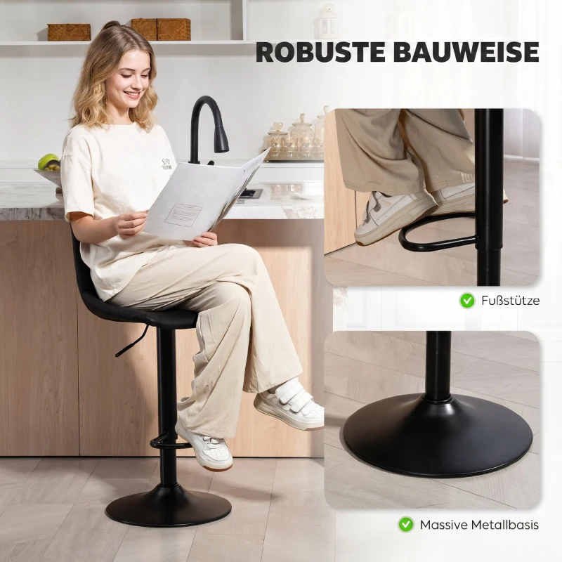 HOMCOM 2er-Set Barhocker im Retrodesign, inkl. Fußstütze, höhenverstellbar, Gaslift, Schwarz