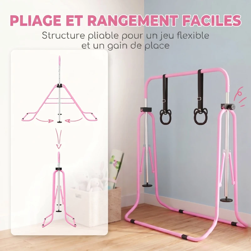 HOMCOM Barre de gymnastique pour enfants, barre horizontale pliable à hauteur réglable avec anneaux de gymnastique, rose