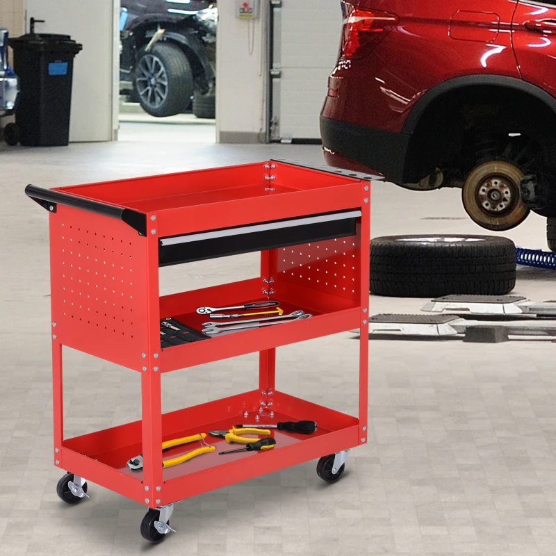 DURHAND Carro de Taller Carro de Herramientas con 3 Bandejas y Cajón Ruedas con Frenos Asa Lateral Panel Lateral Perforado Rojo
