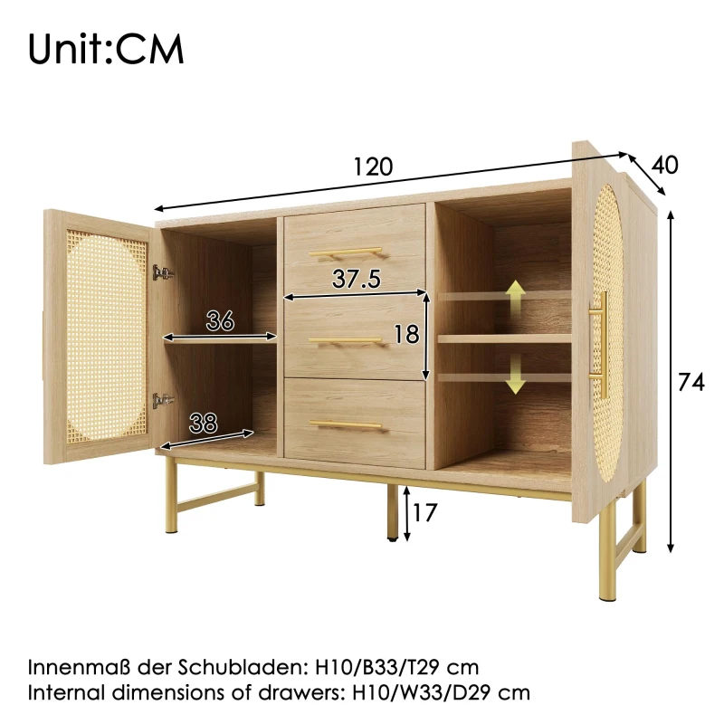Contemporary Rattan Sideboard with Woven Rattan-Effect Front, Textured Storage Cabinet with Metal Handles, 120L x 40W x 74H cm, Oak