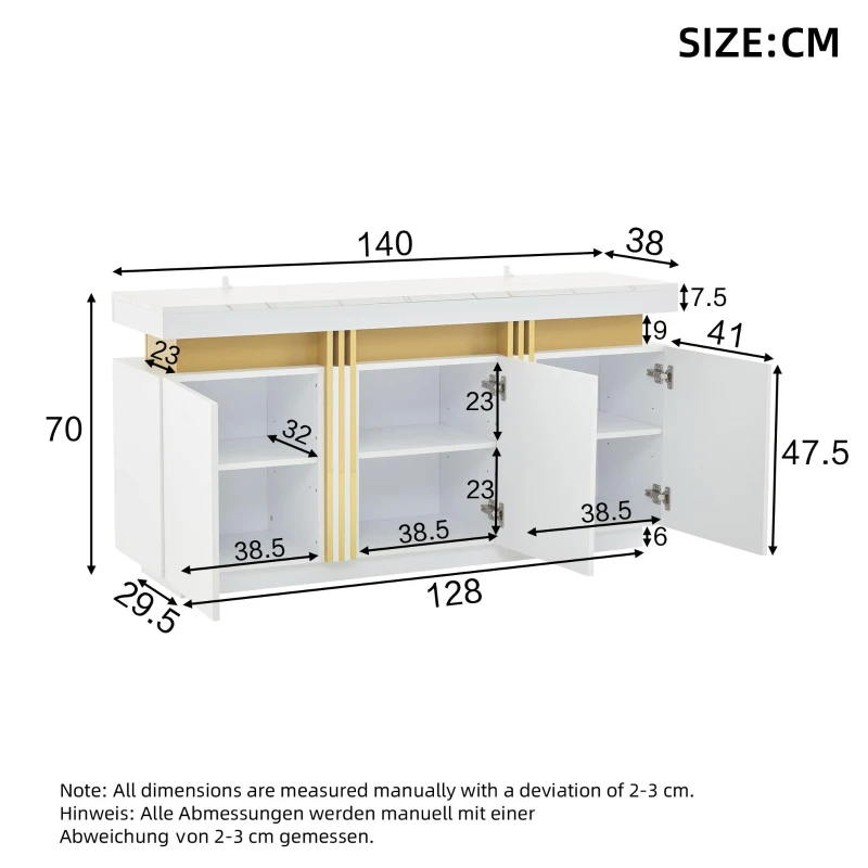 Modern Sideboard with Faux Marble Top and Anti-Tip Fixings, Luxury Storage Unit with Adjustable Shelves, 140L x 38W x 70H cm, White