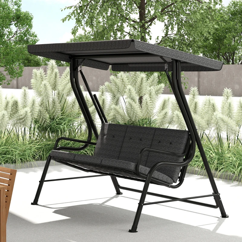 Outsunny Balancelle de Jardin 3 Places Grand Confort Toit Inclinaison réglable épais Coussins Amovibles Polyester Acier époxy Gris Noir