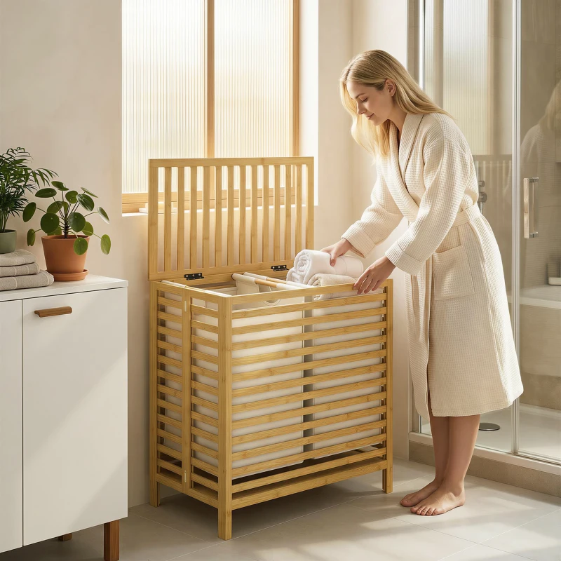 HOMCOM Coș de Rufe din Bambus 64L cu Capac, 2 Saci din Material Oxford Detașabili și Lavabili, Culoare Lemn