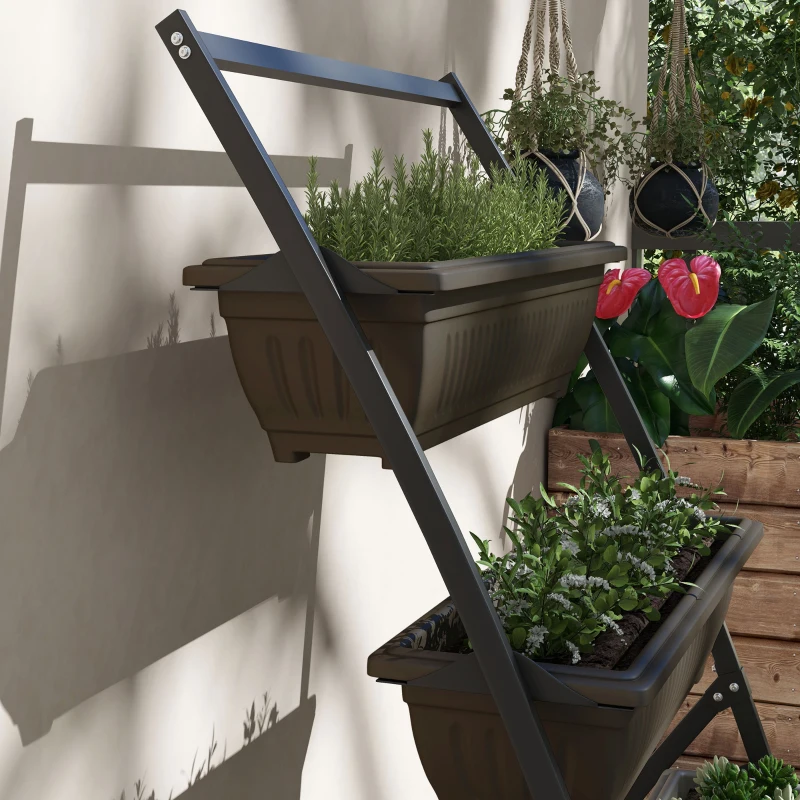 Outsunny Étagère à Fleurs en Acier 4 Niveaux, Support de Plantes Vertical avec 4 Bacs et Trous de Drainage, 76x79x162cm, Marron