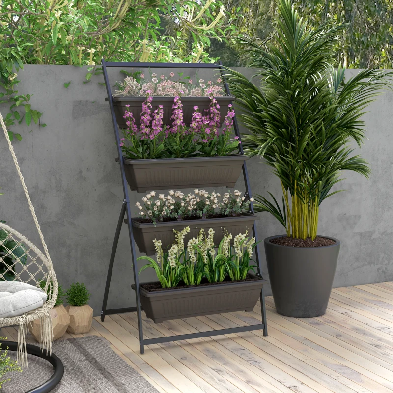 Outsunny Étagère à Fleurs en Acier 4 Niveaux, Support de Plantes Vertical avec 4 Bacs et Trous de Drainage, 76x79x162cm, Marron