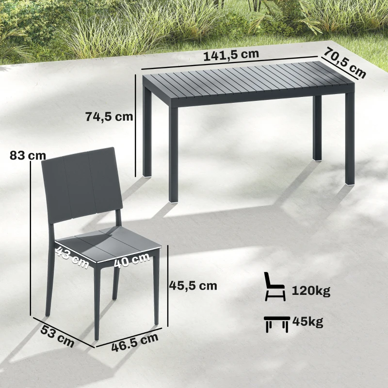Outsunny Gartenmöbel Set Sitzgruppe 5-teilig Breiter Tisch mit 4 Stapelstühlen Lamelldesign für 4 Personen Dunkelgrau
