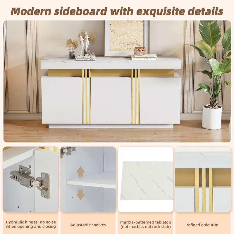 Modern Sideboard with Faux Marble Top and Anti-Tip Fixings, Luxury Storage Unit with Adjustable Shelves, 140L x 38W x 70H cm, White