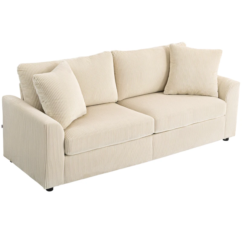 HOMCOM 3-Zitsbank met Sierkussens, Corduroy Sofa voor Woonkamer, Slaapkamer, 212 cm Breed, Crèmewit(m-14)