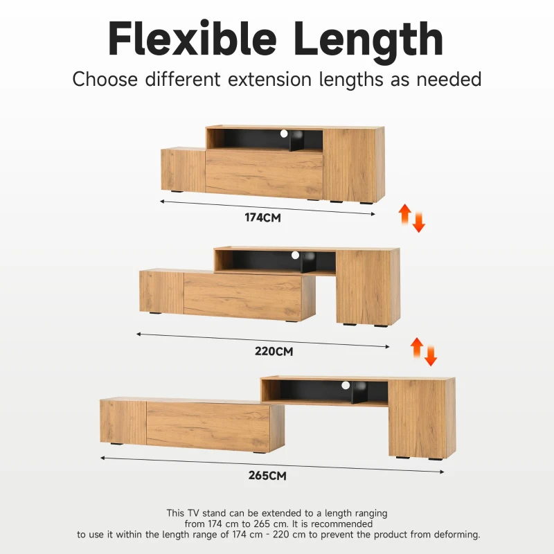 Sleek TV Wall Unit Set with Flexible Length Up to 265 cm, Freestanding Display Cabinet Set with Adjustable Sections, 265L x 35W x 53.5H cm, Wood
