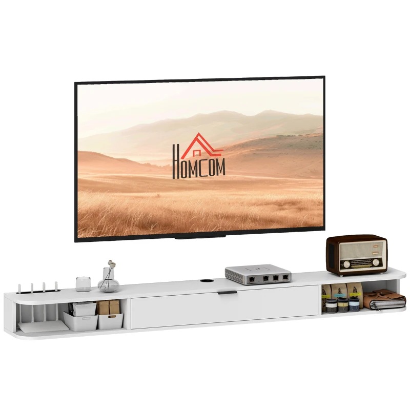 HOMCOM Wand-TV-Möbel, TV-Bank für Fernseher bis 190,5 cm, Klappschublade, 2 Regale, 180x24x16cm, Weiß