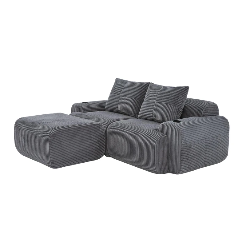 Modular 2-Seater Sofa with Foam-Filled Plush Seats, Dark Grey Corduroy Couch with Built-In Cup Holder, 200L x 174W x 80H cm, Dark Gray