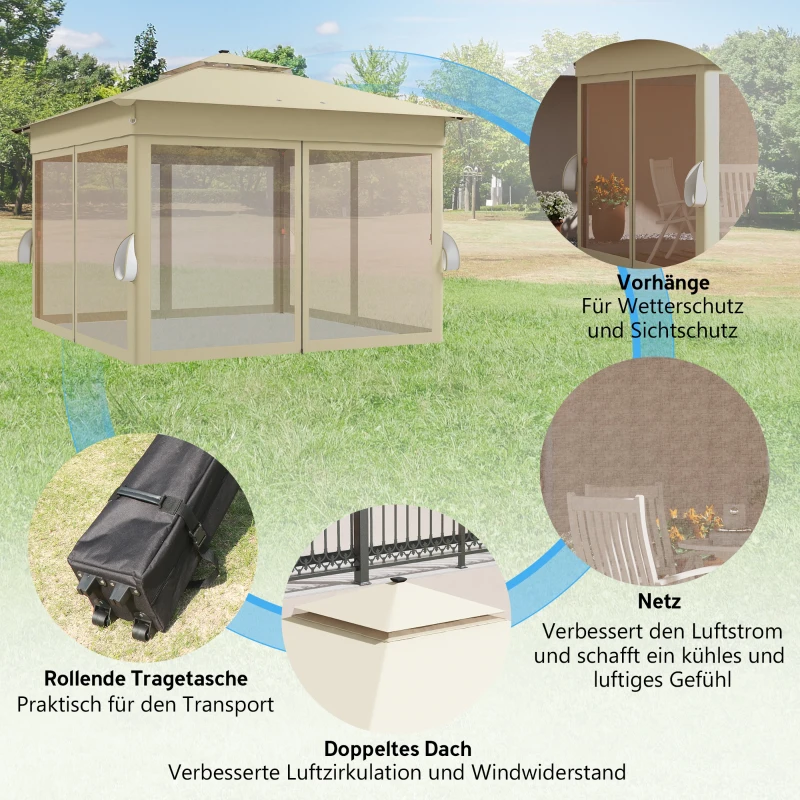 Outsunny Pavillon 3,3x3,3m Wasserabweisend Pop-up Faltpavillon mit LED, Doppeldach, Moskitonetz 4 Seitenteilen Tasche
