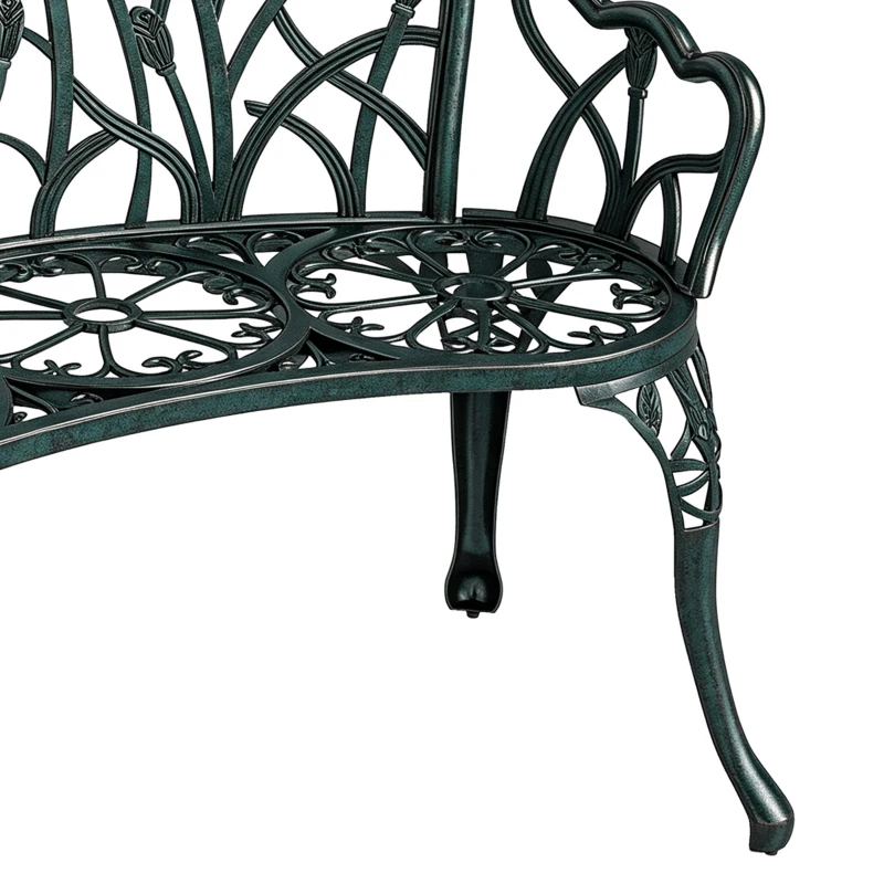 Outsunny Banc de jardin en aluminium moulé, banc extérieur 2 places avec dossier tulipe, assise florale, 99x57x78cm, vert antique
