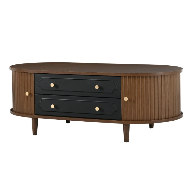 Living Room Coffee Table with 2 Drawers and Roll-Up Door, Minimalist Center Table with 4 Support Legs, 100L x 50W x 36H cm, Walnut