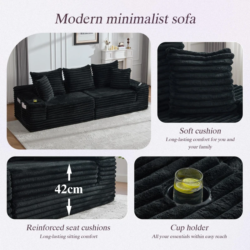 Convertible Sofa Bed with High Backrest and Extra Pillow, Ribbed Corduroy Couch with Dual Side Pockets, 107.5L x 38.5W x 34H cm, Black