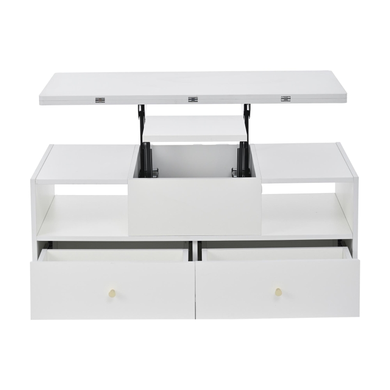 Extendable Lift-Top Coffee Table with Two Lift-Up Tabletops and Castors, Space-Saving Dining Table with four drawers, 100L x 50W x 47.5H cm, White