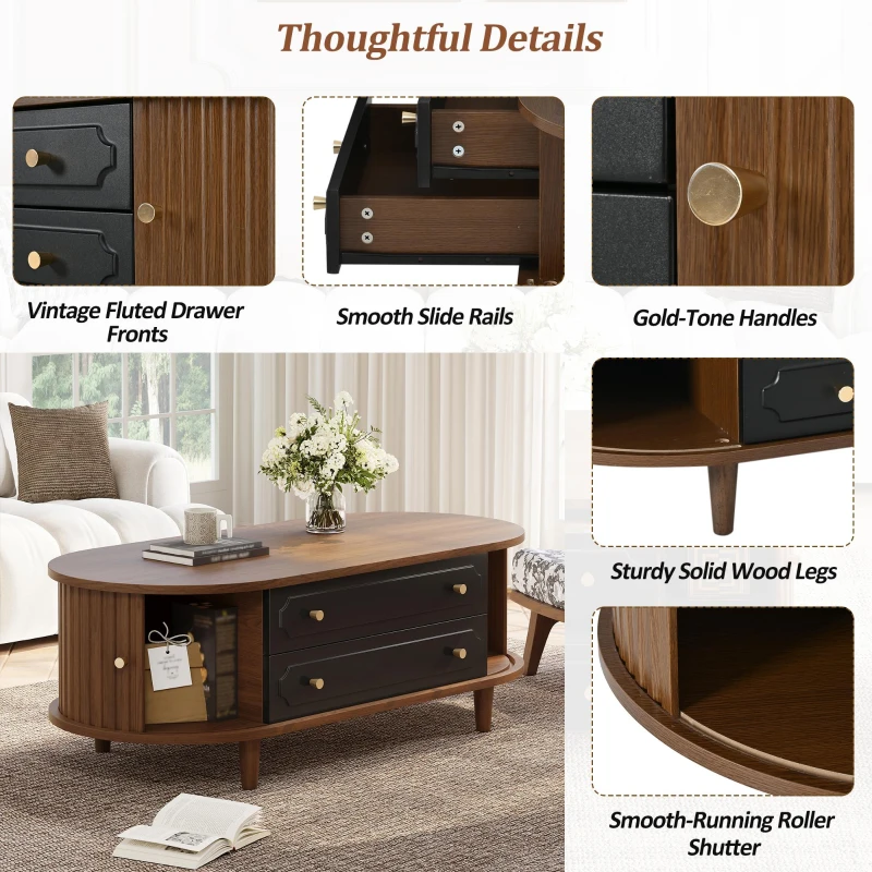Living Room Coffee Table with 2 Drawers and Roll-Up Door, Minimalist Center Table with 4 Support Legs, 100L x 50W x 36H cm, Walnut