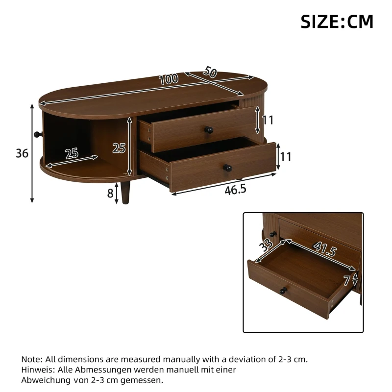 Oval Coffee Table with Sliding Roll-Top Doors, Sturdy Center Table with Two Drawers, 100L X 50W X 36H cm, Walnut