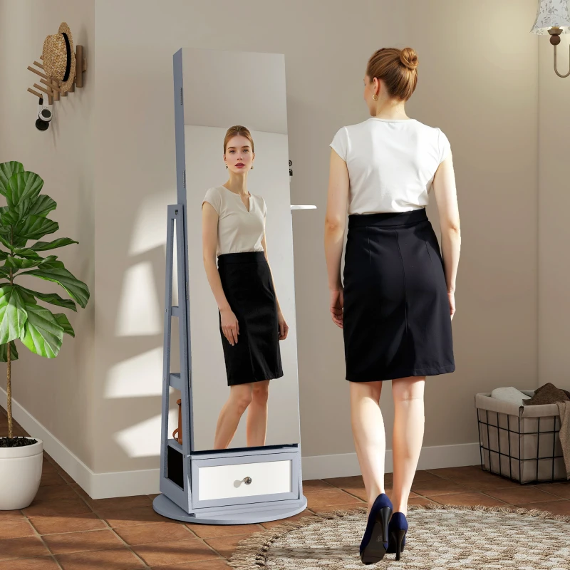 HOMCOM Espejo Joyero con Luces LED Armario Joyero con Espejo Entero Giratorio de 360° Cajón Cerradura Gris Claro